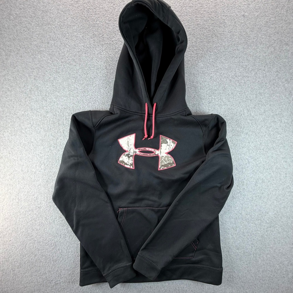 Under Armour Womens Hoodie Black Pink Camo Logo Semi-Fitted Pullover Medium‎